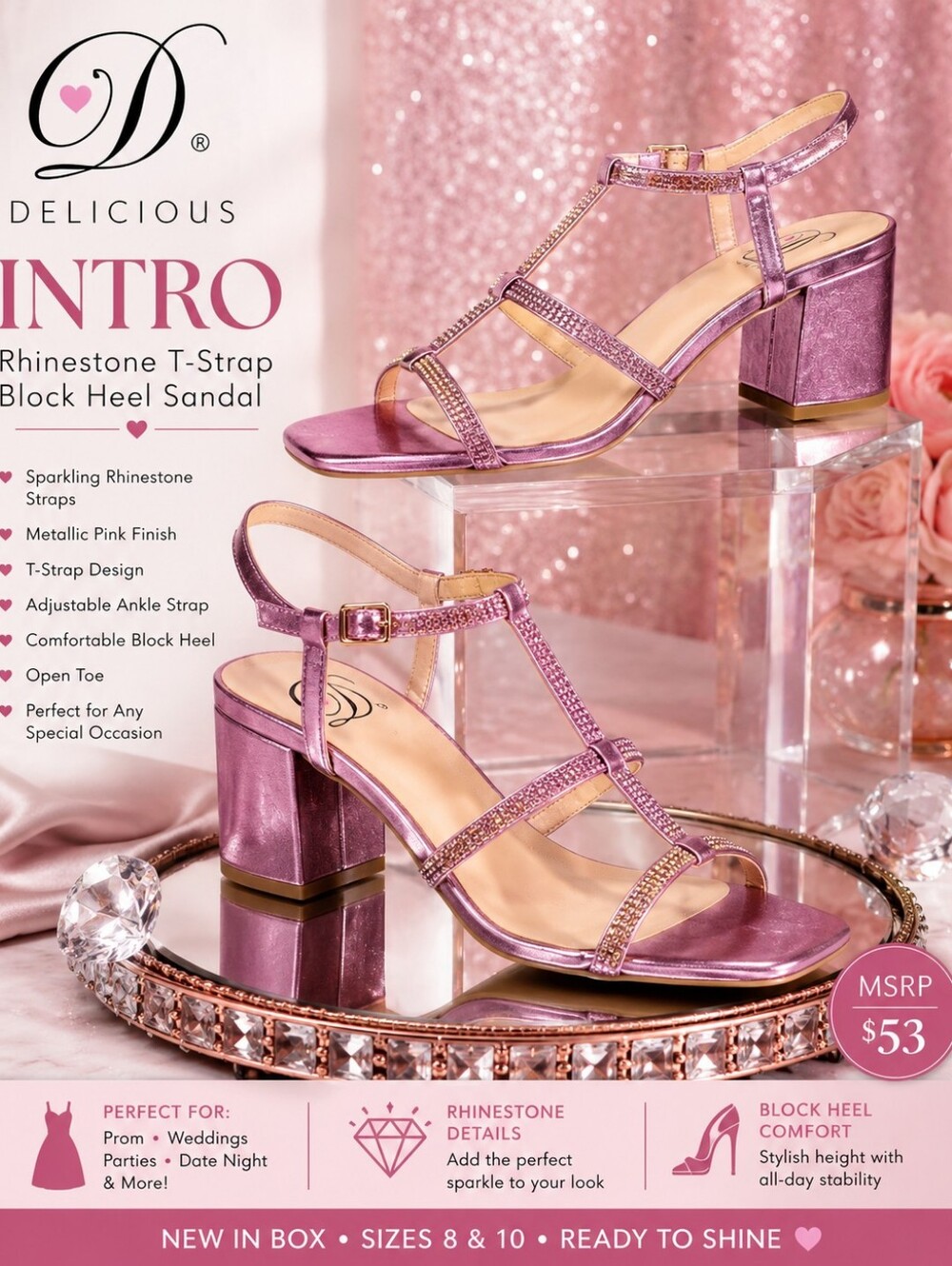 Delicious 'INTRO' Pink Rhinestone T-Strap Block Heel Sandals – New in Box
